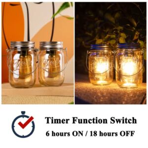 Outdoor Mason Jar Lights Hanging, 2-Pack LED Decorative Garden Lanterns with Timer, Battery Operated Vintage Glass Light for Patio Camping Courtyard Backyard Tree Hallway Stairs Farmhouse (2*Amber)