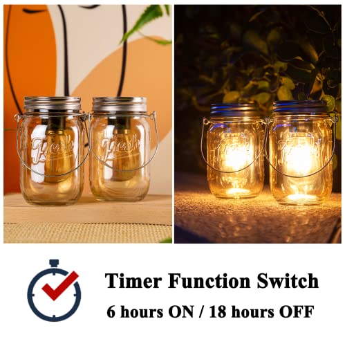 Outdoor Mason Jar Lights Hanging, 2-Pack LED Decorative Garden Lanterns with Timer, Battery Operated Vintage Glass Light for Patio Camping Courtyard Backyard Tree Hallway Stairs Farmhouse (2*Amber)