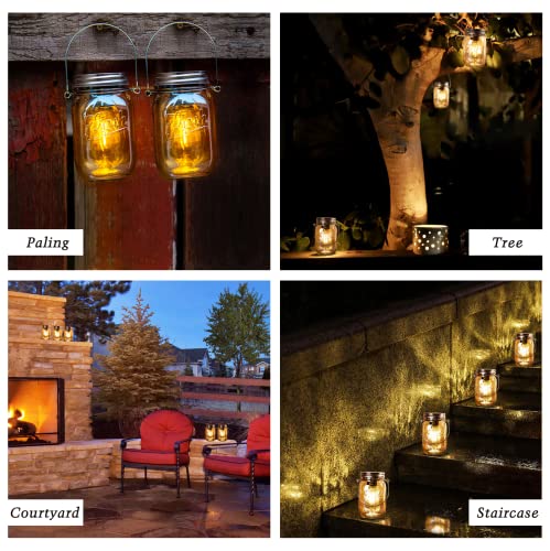 Outdoor Mason Jar Lights Hanging, 2-Pack LED Decorative Garden Lanterns with Timer, Battery Operated Vintage Glass Light for Patio Camping Courtyard Backyard Tree Hallway Stairs Farmhouse (2*Amber)