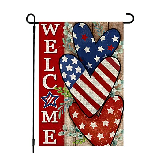 CROWNED BEAUTY 4th of July Patrioctic Welcome Garden Flag 12x18 Inch Double Sided USA Flag Hearts Blue Red Memorial Day Independence Day Outside Yard Party Decoration