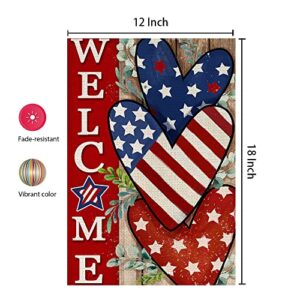 CROWNED BEAUTY 4th of July Patrioctic Welcome Garden Flag 12x18 Inch Double Sided USA Flag Hearts Blue Red Memorial Day Independence Day Outside Yard Party Decoration