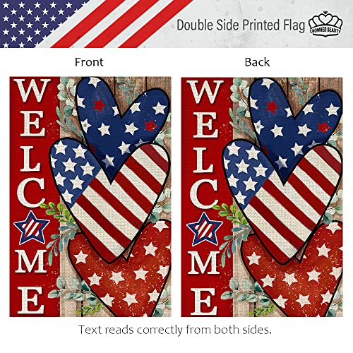 CROWNED BEAUTY 4th of July Patrioctic Welcome Garden Flag 12x18 Inch Double Sided USA Flag Hearts Blue Red Memorial Day Independence Day Outside Yard Party Decoration