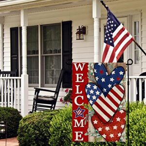 CROWNED BEAUTY 4th of July Patrioctic Welcome Garden Flag 12x18 Inch Double Sided USA Flag Hearts Blue Red Memorial Day Independence Day Outside Yard Party Decoration