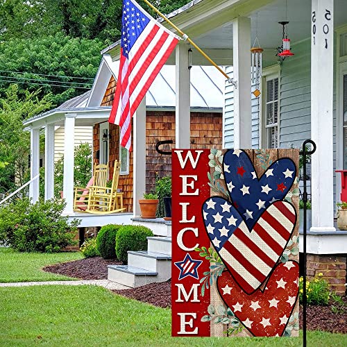 CROWNED BEAUTY 4th of July Patrioctic Welcome Garden Flag 12x18 Inch Double Sided USA Flag Hearts Blue Red Memorial Day Independence Day Outside Yard Party Decoration