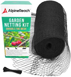 alpinereach garden netting heavy duty bird, deer, plant protection 7.5 x 65 ft extra strong woven mesh animal net, reusable kit with zip ties, fencing for fruits trees, black