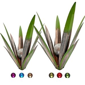 menoha tequila rustic sculpture, diy hand painted metal agave decor with gazing ball, garden yard sculpture lawn home ornaments, for yard stakes, garden figurines, outdoor patio (green 2pcs+2 balls)