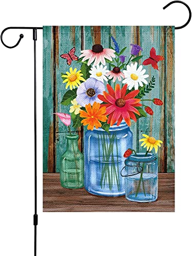 Louise Maelys Spring Floral Garden Flag 12x18 Double Sided, Burlap Small Vertical Spring Summer Vase Flower Garden Yard Flags for Seasonal Outside Outdoor House Decoration (ONLY FLAG)