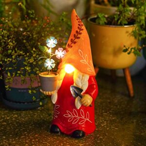 bumsune garden gnomes outdoor, 12-inch resin gnomes statue, holding a small flower pot with solar led lights, patio lawn outdoor garden gift