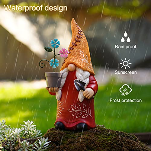 BUMSUNE Garden Gnomes Outdoor, 12-inch Resin Gnomes Statue, Holding a Small Flower Pot with Solar LED Lights, Patio Lawn Outdoor Garden Gift