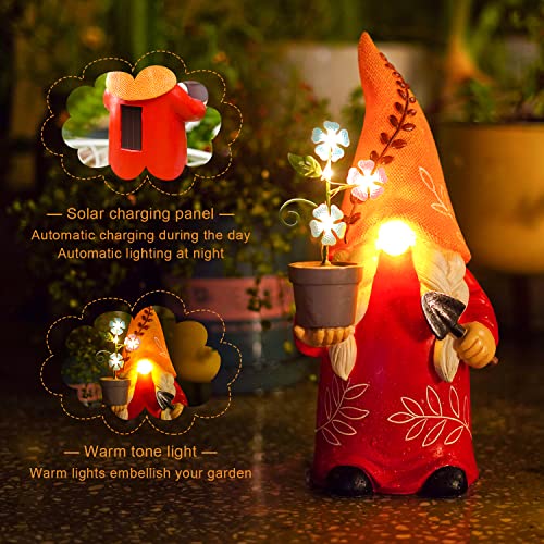 BUMSUNE Garden Gnomes Outdoor, 12-inch Resin Gnomes Statue, Holding a Small Flower Pot with Solar LED Lights, Patio Lawn Outdoor Garden Gift