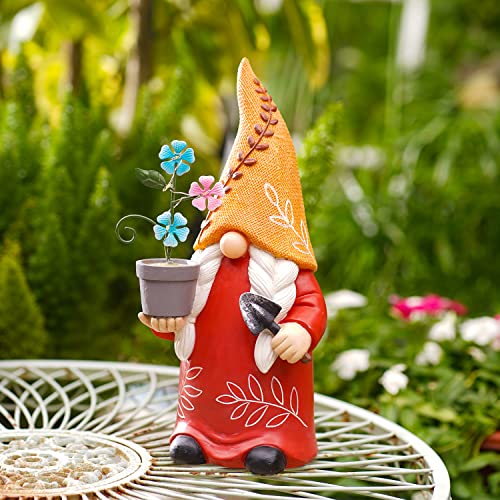 BUMSUNE Garden Gnomes Outdoor, 12-inch Resin Gnomes Statue, Holding a Small Flower Pot with Solar LED Lights, Patio Lawn Outdoor Garden Gift