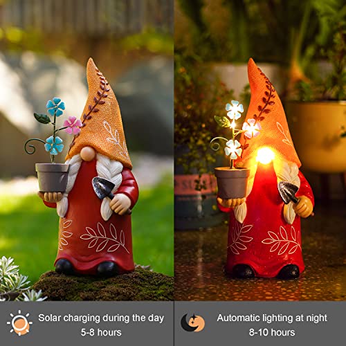 BUMSUNE Garden Gnomes Outdoor, 12-inch Resin Gnomes Statue, Holding a Small Flower Pot with Solar LED Lights, Patio Lawn Outdoor Garden Gift