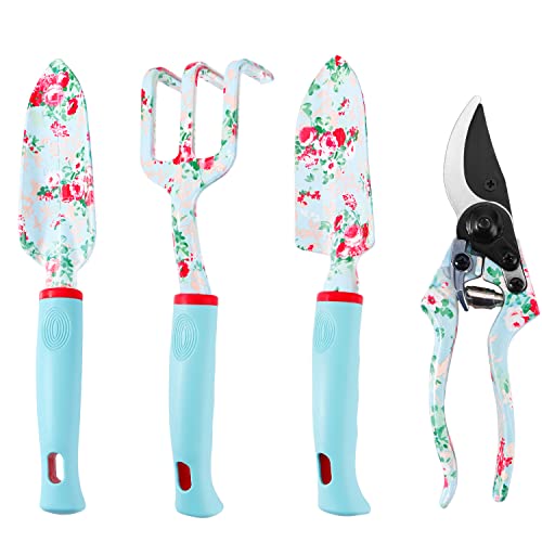 Gardening Tools, 4 PCS Heavy Duty Floral Garden Tool Set, WANCHI Rustproof Aluminum Gardening Hand Tools,Gardening Gifts for Women Birthday, Gardening Kit（Rake，Trowel，Transplanter，Pruning Shears）