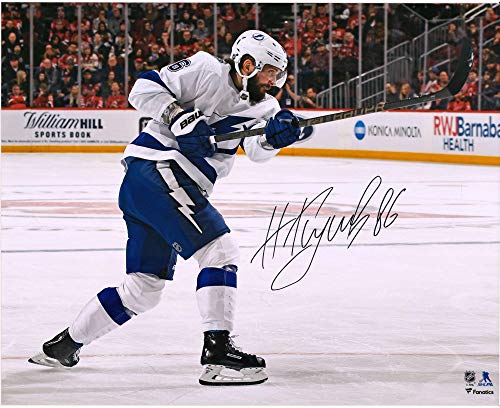 Nikita Kucherov Tampa Bay Lightning Autographed 16" x 20" White Jersey Shooting Photograph - Autographed NHL Photos