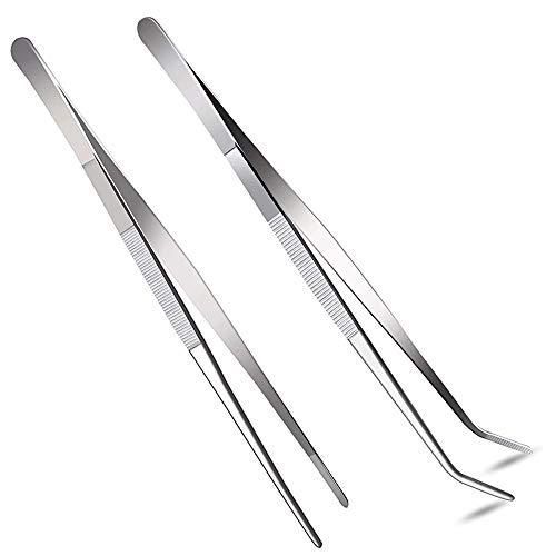 2 Pcs 12 Inch Long Handle Stainless Steel Straight and Curved Tweezers Nippers, Set with Serrated Tips Comfortable Ridged Handle for Garden, Kitchen, Indoors and Outdoors