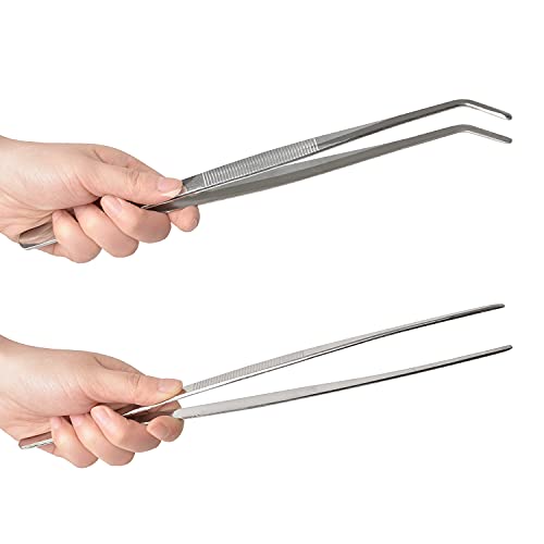 2 Pcs 12 Inch Long Handle Stainless Steel Straight and Curved Tweezers Nippers, Set with Serrated Tips Comfortable Ridged Handle for Garden, Kitchen, Indoors and Outdoors