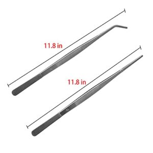 2 Pcs 12 Inch Long Handle Stainless Steel Straight and Curved Tweezers Nippers, Set with Serrated Tips Comfortable Ridged Handle for Garden, Kitchen, Indoors and Outdoors