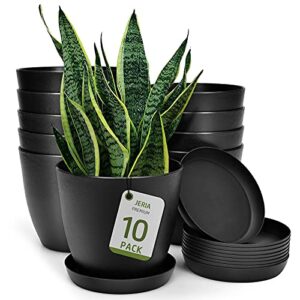 jeria 10-pack 5.5 inch plastic plant pots with drainage hole and trays, modern decorative gardening pots, suitable for indoor and outdoor, all house plants, succulents, flowers, and cactus, black