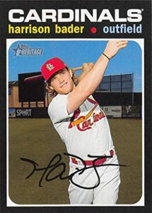2020 topps heritage baseball #80 harrison bader st. louis cardinals official mlb trading card from topps that showcases the 1971 topps design