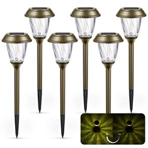 xmcosy+ solar pathway lights – 6 pack solar lights outdoor waterproof, auto on/off 10-25 lm warm white glass stainless steel, solar led lights decorative for yard garden lawn driveway walkway sidewalk