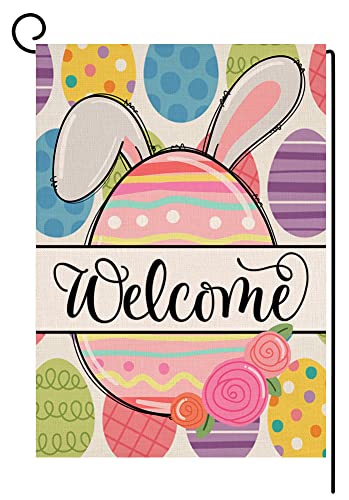 Easter Garden Flag 12x18 Vertical Double Sided Small Burlap Colorful Rabbit Eggs Farmhouse Spring Yard Outdoor Decoration