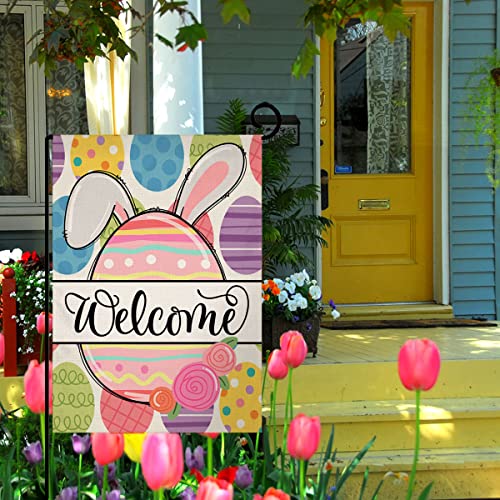 Easter Garden Flag 12x18 Vertical Double Sided Small Burlap Colorful Rabbit Eggs Farmhouse Spring Yard Outdoor Decoration