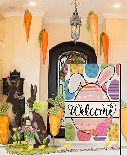 Easter Garden Flag 12x18 Vertical Double Sided Small Burlap Colorful Rabbit Eggs Farmhouse Spring Yard Outdoor Decoration