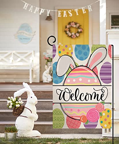 Easter Garden Flag 12x18 Vertical Double Sided Small Burlap Colorful Rabbit Eggs Farmhouse Spring Yard Outdoor Decoration