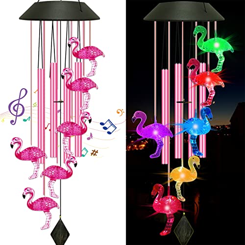 Solar Flamingo Wind Chimes, Flamingo Gifts for Women/Mom/Grandma/Wife/Daughter/Sister,Pink Flamingo Outside Garden Yard Decor