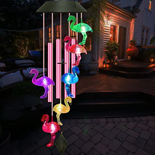 Solar Flamingo Wind Chimes, Flamingo Gifts for Women/Mom/Grandma/Wife/Daughter/Sister,Pink Flamingo Outside Garden Yard Decor