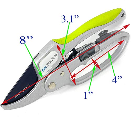 MLTOOLS Ratcheting Bypass Pruning Shears – 8" Ratchet Hand Pruning Anvil Shears for Weak Hands – Heavy-Duty Ratcheting Lopping Shears – Low Effort Trimming Shears – Easy & Comfortable Grip – 8231