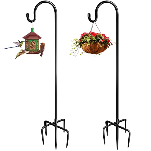 PTNITWO Outdoor Shepherd Hook 63 Inch, Adjustable Heavy Duty Bird Feeder Pole,2 Packs, Metal Garden Holder for Hanging Plant Basket, Lantern, Wind Chime, Weddings Decor (Black) (63 inch)