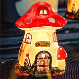 WONDHOME Mushroom Illuminated Miniature Fairy Landscape House with Solar Powered LED Outdoor Garden Statue