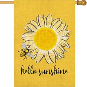 Qinqingo Hello Sunshine House Flag Summer Sunflower Bee Yard Flags 28 x 40 inch Double Sided Spring Summer Decor Seasonal Outdoor Decoration (HF-N)