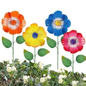 juegoal 4 pack flower garden stakes decor, 20 inch outdoor metal colorful floral shaking head yard art, rust proof metal flower sticks for spring yard lawn pathway patio ornaments