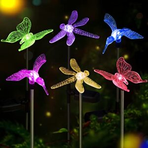oxyled solar garden lights outdoor – 6 pack figurine stake light, color changing decorative landscape light led solar powered hummingbird butterfly dragonfly for patio yard pathway lawn walkway