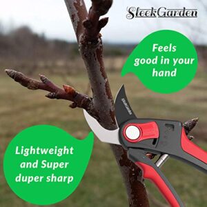 Sleek Garden Hand Pruner Professional Sharp Bypass EZ-Cut Garden Pruning Shears -Comfort Plus Handheld Gardening Tools Pruner,Rust Proof Blades Clippers/Scissors /- Shock Absorber + Cushion