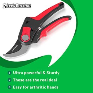 Sleek Garden Hand Pruner Professional Sharp Bypass EZ-Cut Garden Pruning Shears -Comfort Plus Handheld Gardening Tools Pruner,Rust Proof Blades Clippers/Scissors /- Shock Absorber + Cushion