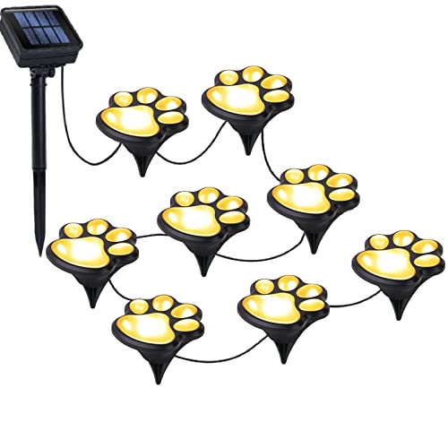 Paw Print Solar Lights – Solar String Lights Outdoor Waterproof LED (Set of 8), Dog Cat Decorative Lamp, Pet Print Path Lights, Vibrant Garden Solar Lights, Gifts for Pet Lovers(Warm White Paw Print)