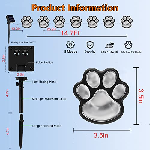 Paw Print Solar Lights – Solar String Lights Outdoor Waterproof LED (Set of 8), Dog Cat Decorative Lamp, Pet Print Path Lights, Vibrant Garden Solar Lights, Gifts for Pet Lovers(Warm White Paw Print)