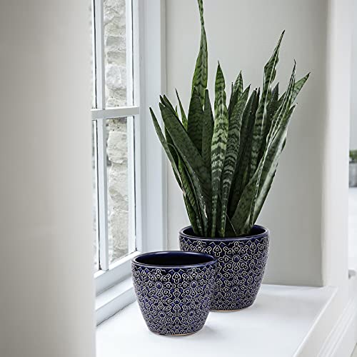 DeeCoo 2 Pack Ceramic Plant Pots Indoor, Flower Pot Set 5.5 + 6.5 Inch, Blue Planters for Plants, Clay Plant Pots with Drainage Hole for Snake Plants, Orchid, Succulent, Cactus - Outdoor Garden Pots