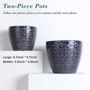 DeeCoo 2 Pack Ceramic Plant Pots Indoor, Flower Pot Set 5.5 + 6.5 Inch, Blue Planters for Plants, Clay Plant Pots with Drainage Hole for Snake Plants, Orchid, Succulent, Cactus - Outdoor Garden Pots