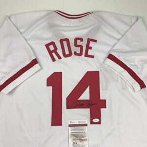 autographed/signed pete rose cincinnati white baseball jersey jsa coa
