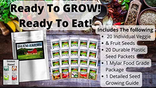 20 Vegetable & Fruit Seeds for Planting Your Outdoor & Indoor Home Seed Garden, Survival Gear Kit Includes 2900 Seeds, A Growing Guide & Mylar Package Gardening Heirloom Non-GMO Veggie Seed B&KM Farm