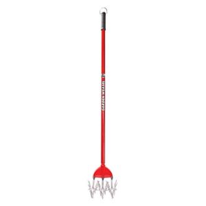 garden weasel cultivator – break up soil, detachable tines, long handle, 54.5” long, red and silver