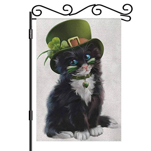 AOYEGO St Patricks Cat Garden Yard Flag 12.5"x 18" Double Sided Polyester Leprechaun House Flag Banners for Patio Lawn Outdoor Home Decor