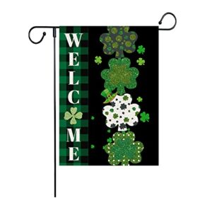 shamrocks welcome garden flags, st patrick’s day green buffalo plaid garden falg vertical double sized burlap spring flag for house yard outdoor decor 12.5 x 18 inch