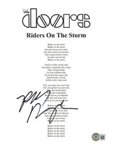 robby krieger signed the doors riders on the storm lyric page 8.5×11 beckett coa