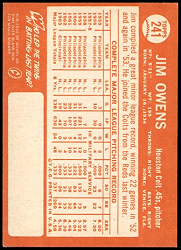 1964 Topps # 241 Jim Owens Houston Colt 45s (Baseball Card) EX Colt 45s