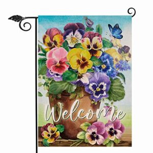 hzppyz welcome spring pansy floral garden flag double sided, flower pot arrangement decorative house yard lawn outdoor small decor, summer holiday butterfly farmhouse home outside decorations 12 x 18
